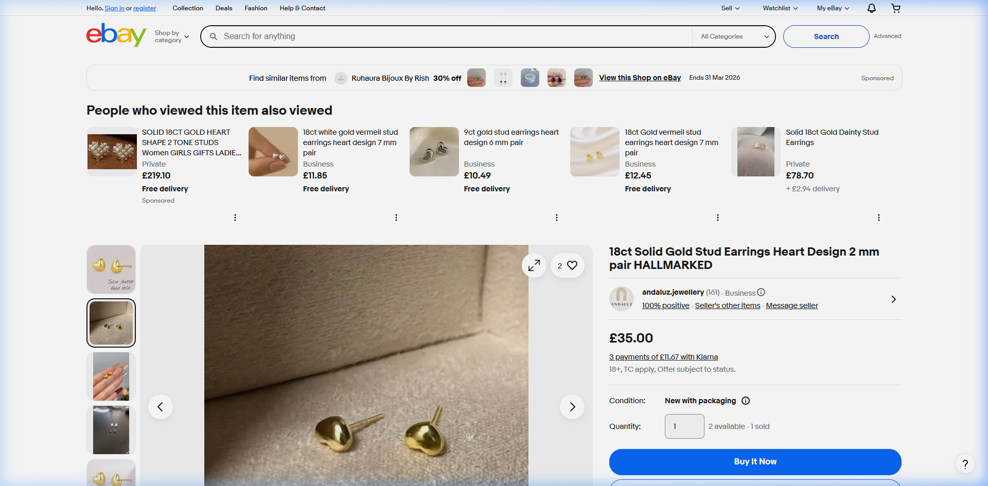 18ct Solid Gold Heart Stud Earrings 1