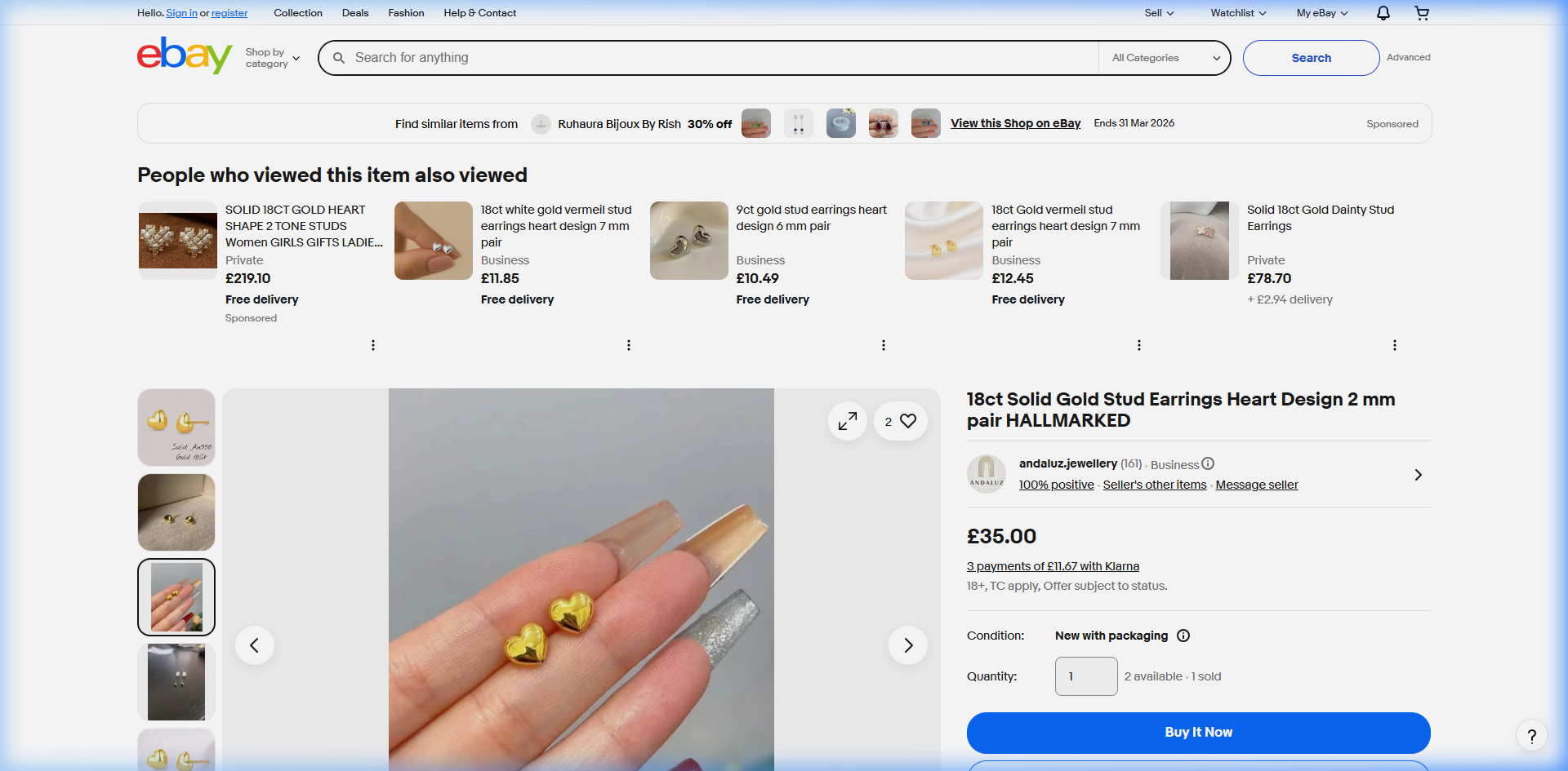 18ct Solid Gold Heart Stud Earrings 2