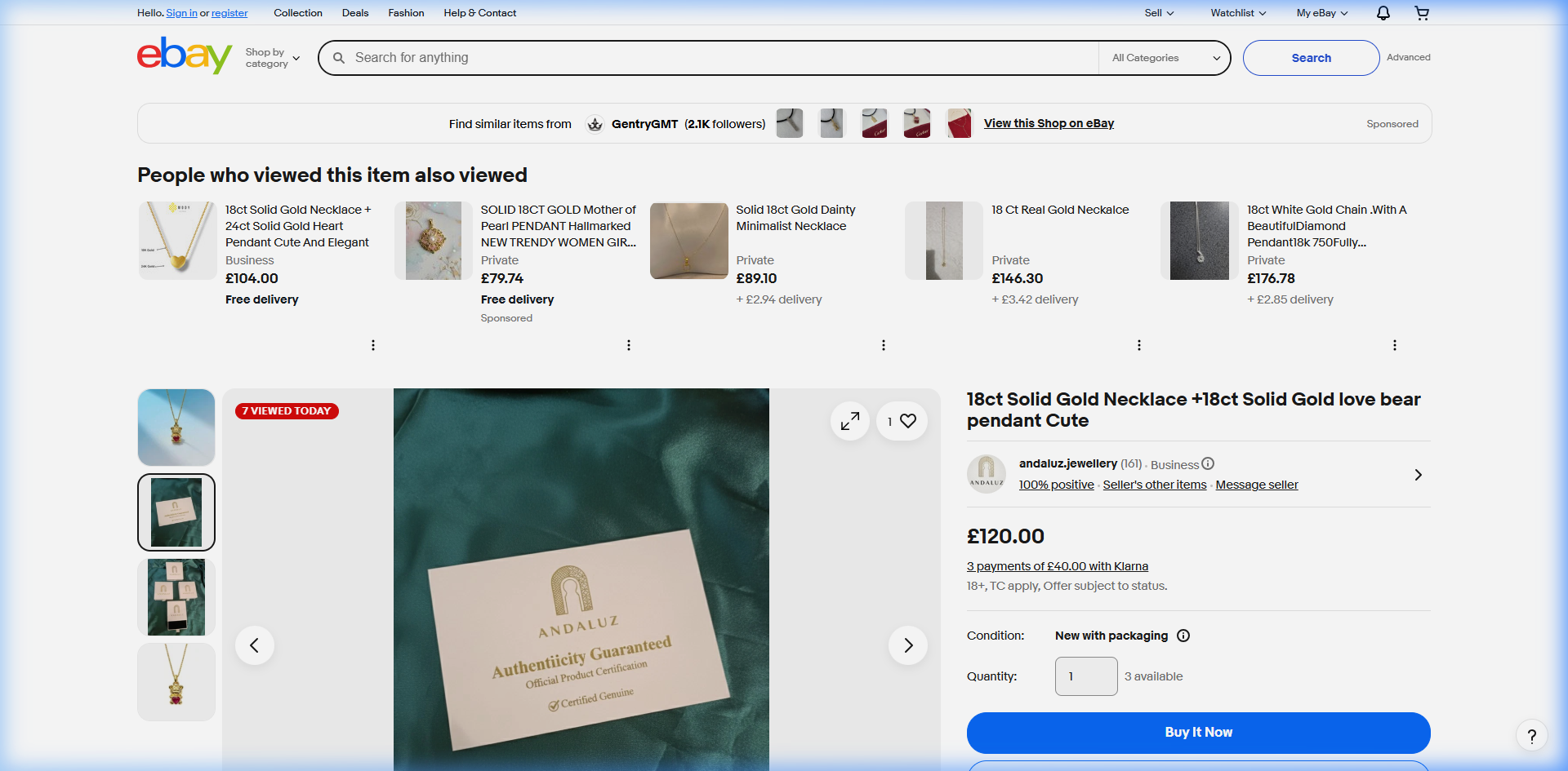 18ct Solid Gold Love Bear Necklace & Pendant 1